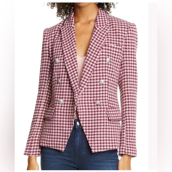 L'AGENCE Kenzie Double-Breasted Tweed Plaid Blazer wool blend houndstooth - Picture 2 of 9
